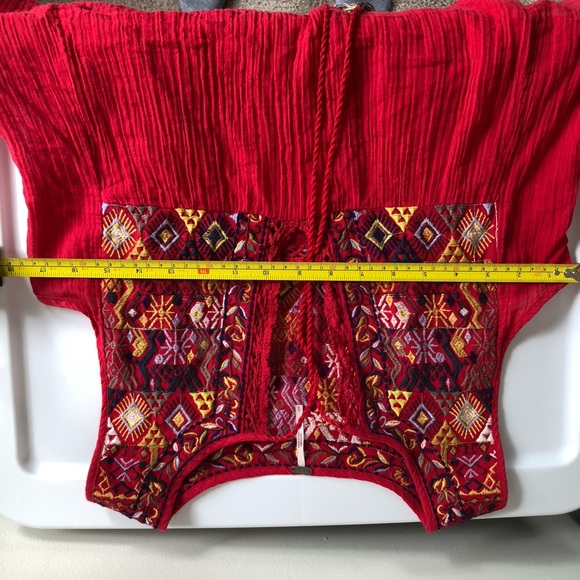 Free People Lohri Red Embroidered bohemian tank top with key hole tie tassels - Picture 6 of 7
